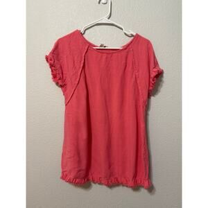 Umgee Women's Short Sleeve Frayed Top Pink Linen/Cotton Pintuck High Low- Size:S